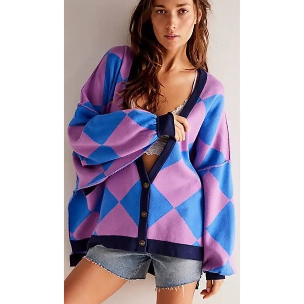 Free People We The Free Manny Argyle Cardigan Purple Blue Oversized Womens Small